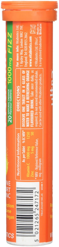 Vitabiotics Ultra Vitamin C Effervescent, Dissolvable with Zinc, Orange Flavour, 20 Tablets, Pack of 1
