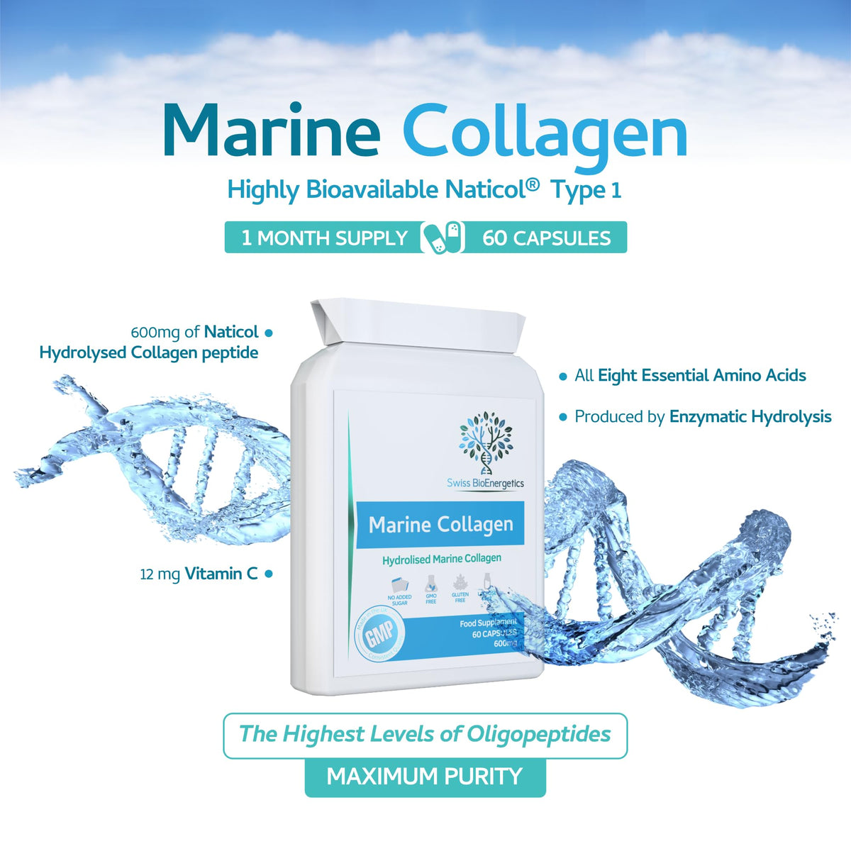 swiss bioenergetics Marine Collagen 600mg 60 Capsules - Highly Bioavailable Naticol® Type 1 Produced by enzymatic hydrolysis ensuring The Highest Levels of oligopeptides with Maximum Purity