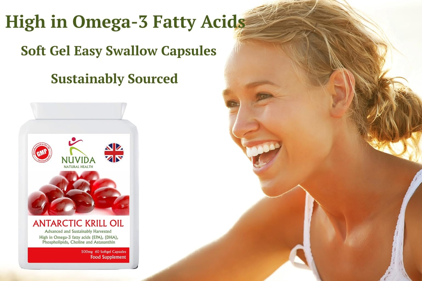 NUVIDA NATURAL HEALTH Krill Oil Capsules 500mg – Omega-3 Supplement with EPA & DHA – 1000mg per Serving – 60 Easy-Swallow Softgels – Sustainably Sourced
