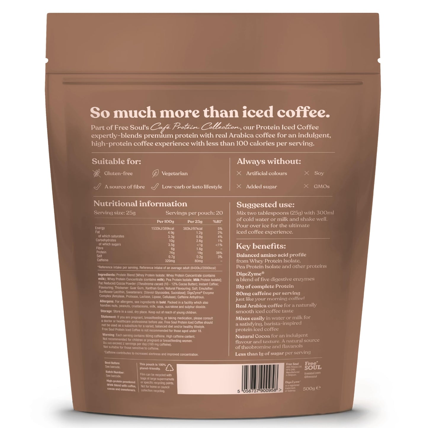 Protein Iced Coffee | 19g Protein & 80mg Caffeine per Serving | Only 97Kcal | Low Calorie + High Protein | Whey Protein & Pea Protein Isolate Blend + Digestive Enzymes | Café Frappé | Free Soul