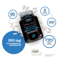 Magnesium Glycinate Complex with Vitamin B6, Zinc & Pantothenic Acid - 120 Vegan Capsules - 250mg Elemental Magnesium per Serving - High Strength Magnesium Bisglycinate - Nu U Nutrition