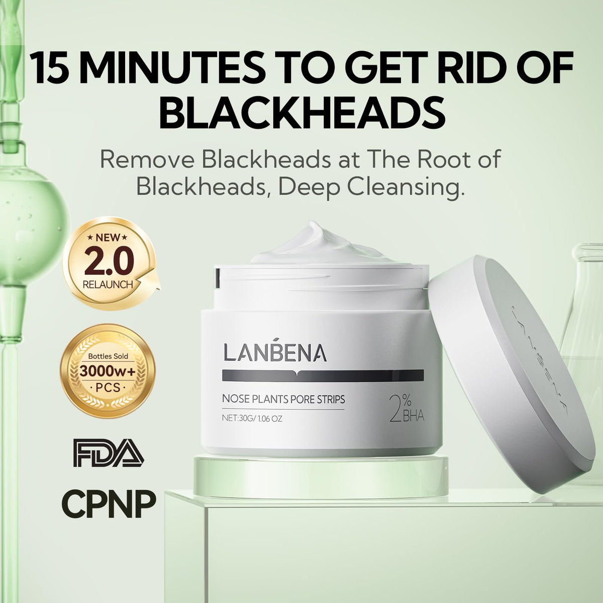LANBENA Blackhead Mask (30g), 60 Pieces Nose Pore Strips, Note: Cream Goes Dry out/Gunk below 25 Degrees, Place Bottle in Boiling Water to Soften