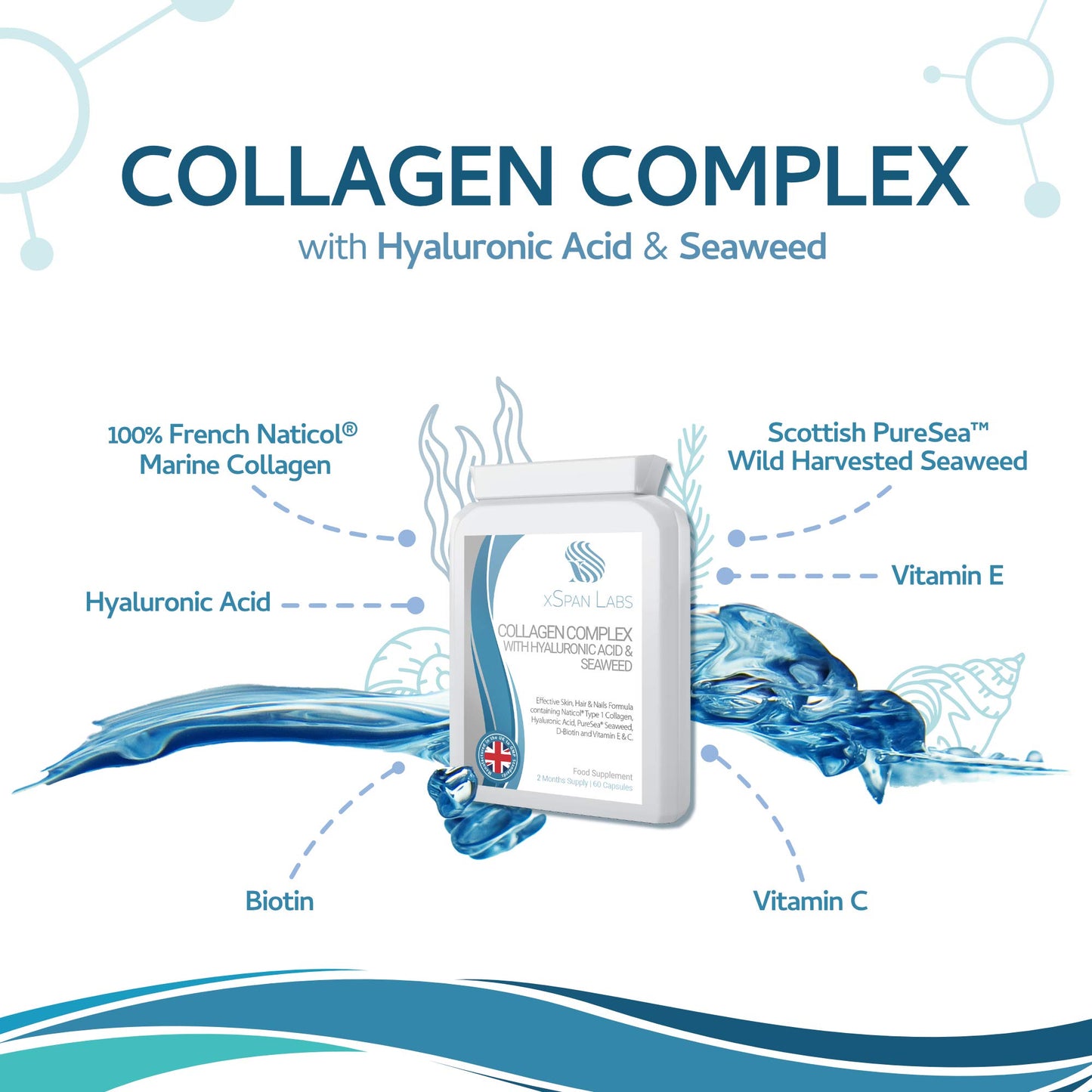 Collagen Complex with Hyaluronic Acid & Seaweed - 60 Capsules - Skin, Hair & Nails Formula with added D-Biotin, Vitamin E & C - Highly Bioavailable Naticol® Hydrolysed Marine Collagen 500mg