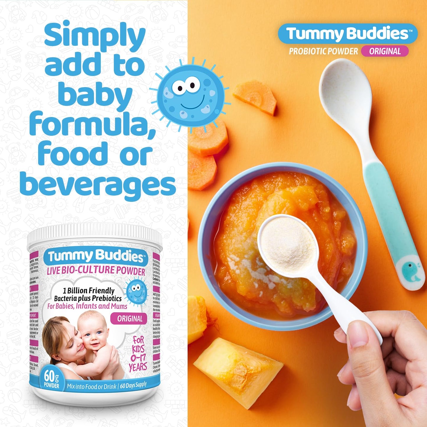 Tummy Buddies Probiotic Powder for Babies, Children and Mums - 7 Strain Pro Bio Culture Complex with Prebiotics (FOS) – Gut Friendly Bacteria for Infants and Kids 0-12 Years – 60g - 60 Days Supply
