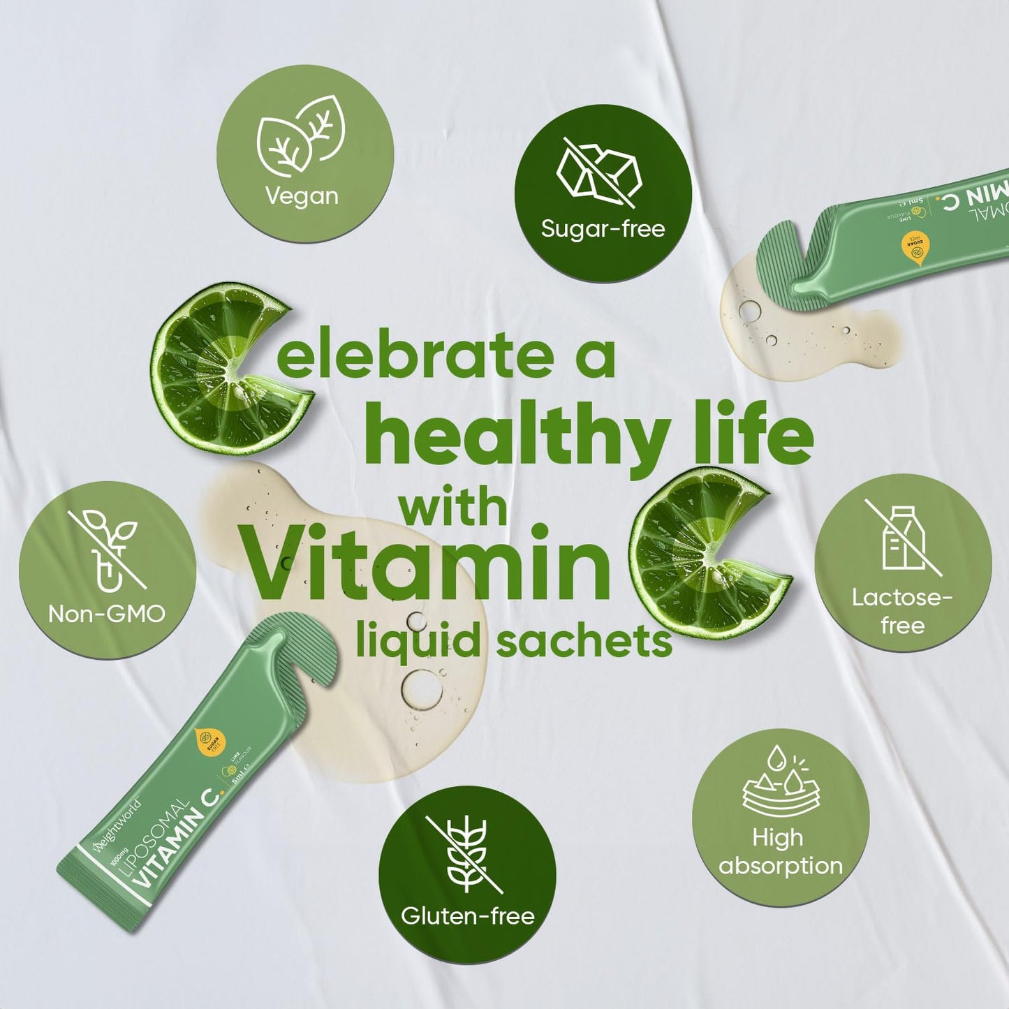 WeightWorld Liposomal Vegan Vitamin C Liquid Sachets - 1000mg Natural Lime Flavour 14 Liquid Sachets - 5ml Per Sachet (Not Vitamin C Effervescent) Sugar-Free, & High Strength - Highly Bioavailable Vitamin C