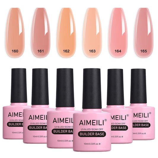AIMEILI 8 in 1 Builder Base Sheer Color Gel Set, No Need Slip Solution Builder Extension, Soak Off UV LED Nude Gel Polish Multicolour Of 6pcs X 10ml - Gift Kit 38
