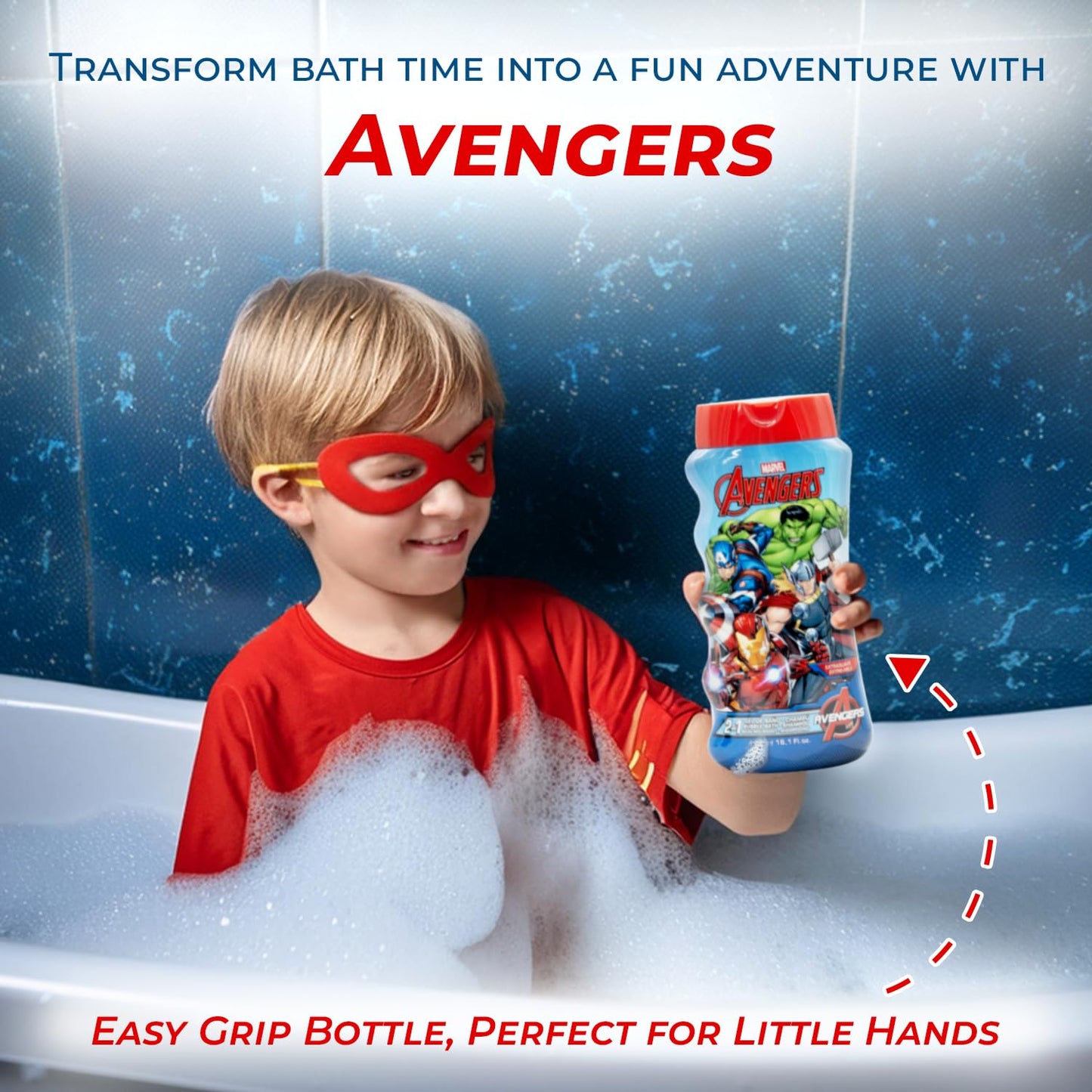 Avengers Kids 2-in-1 Bubble Bath & Shampoo - Gentle, Paraben-Free Bath & Hair Wash with Vitamin E & A, pH Balanced for Sensitive Skin - Lightly Scented, Safe for Children Aged 3+, 475ml