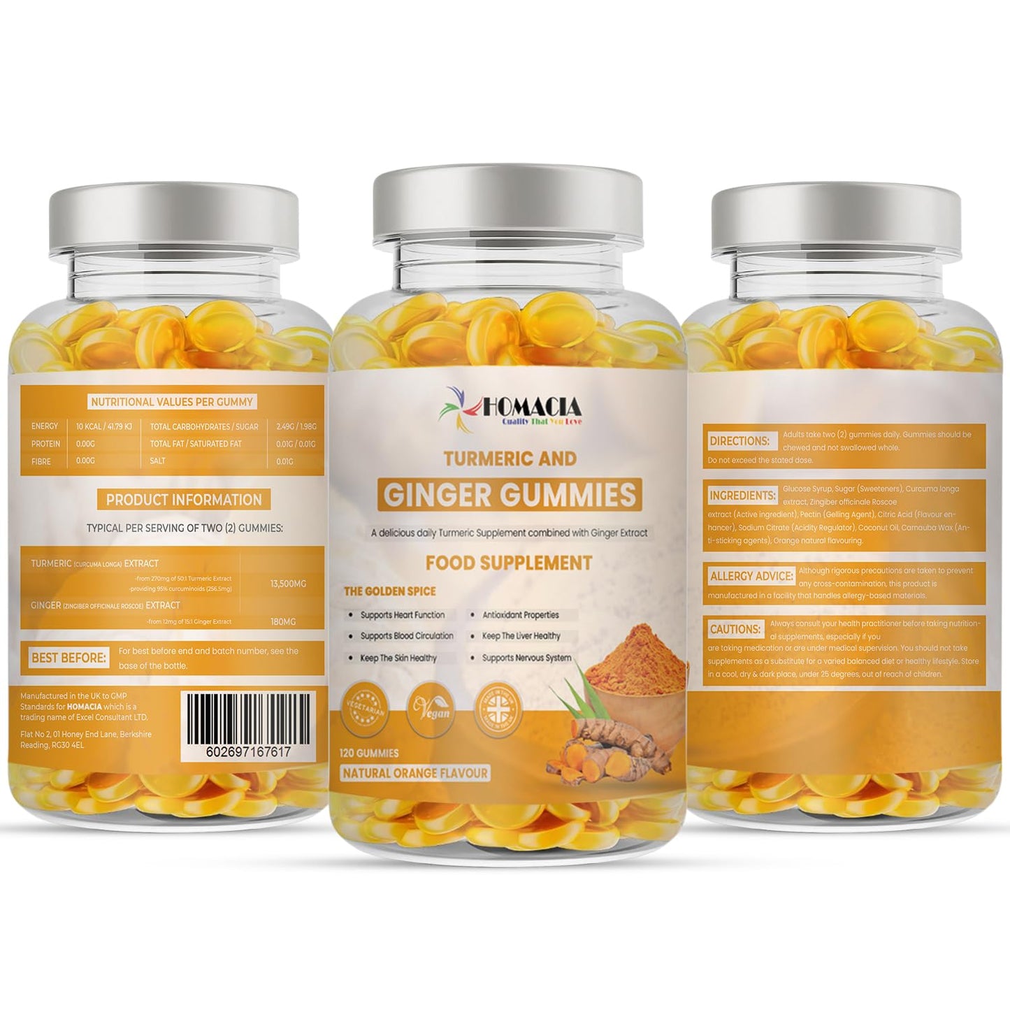 Homacia Turmeric and Ginger Gummies | Natural Orange Flavor | High Strength Ginger and Turmeric Gummies for Adults | Supports Joint and Bone Health | Non-GMO, Vegan Friendly | UK Made | 120 Gummies