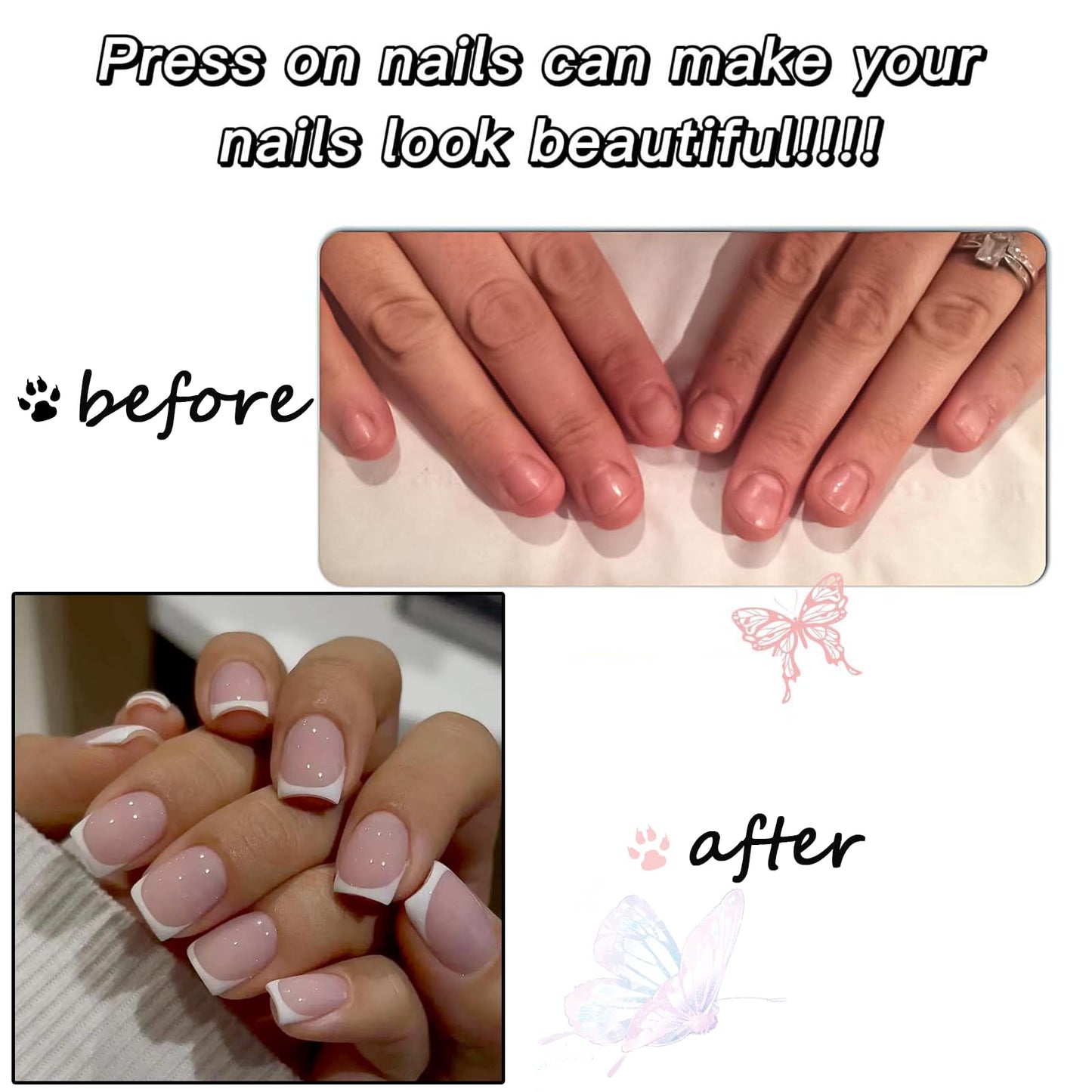EONFAVE French Tip False Nails - 24pcs Square Press On Nails Short In 12 Sizes - Nude Stick on Nails with Elegant White Edge - Long Lasting False Nails with Glue Removable Nail Art Gifts for Women