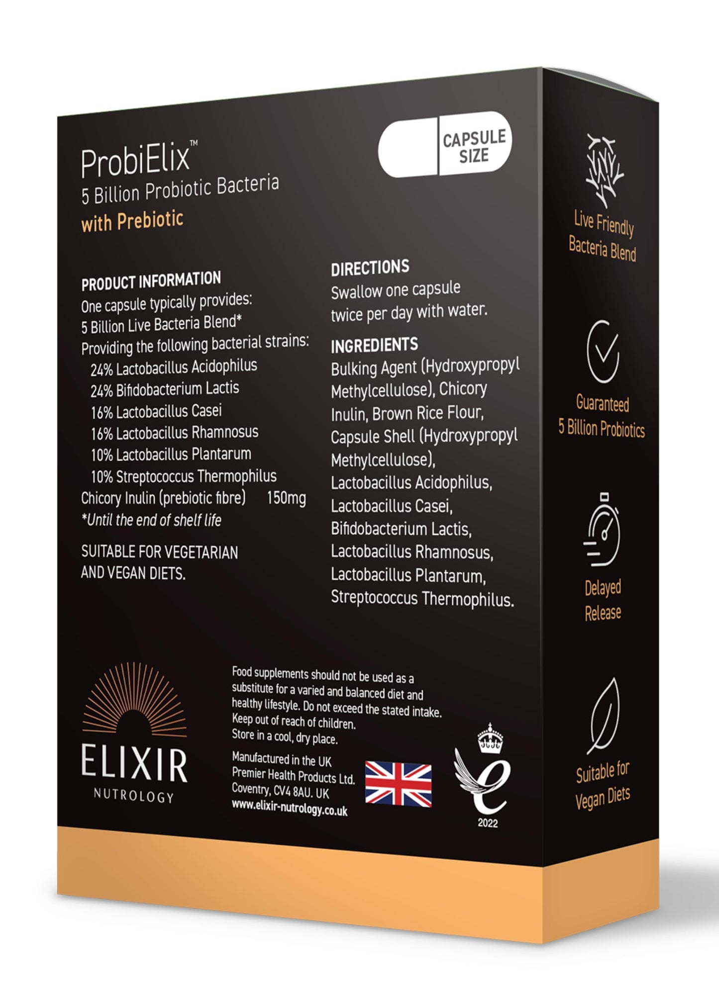 ELIXIR NUTROLOGY ProbiElix™ 30 Capsules – 5 Billion Probiotic Bacteria, Supports Digestive Health & Gut Balance, Includes Chicory Inulin, Vegan & Vegetarian Friendly. Made in The UK