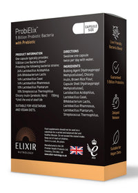 ELIXIR NUTROLOGY ProbiElix™ 30 Capsules – 5 Billion Probiotic Bacteria, Supports Digestive Health & Gut Balance, Includes Chicory Inulin, Vegan & Vegetarian Friendly. Made in The UK