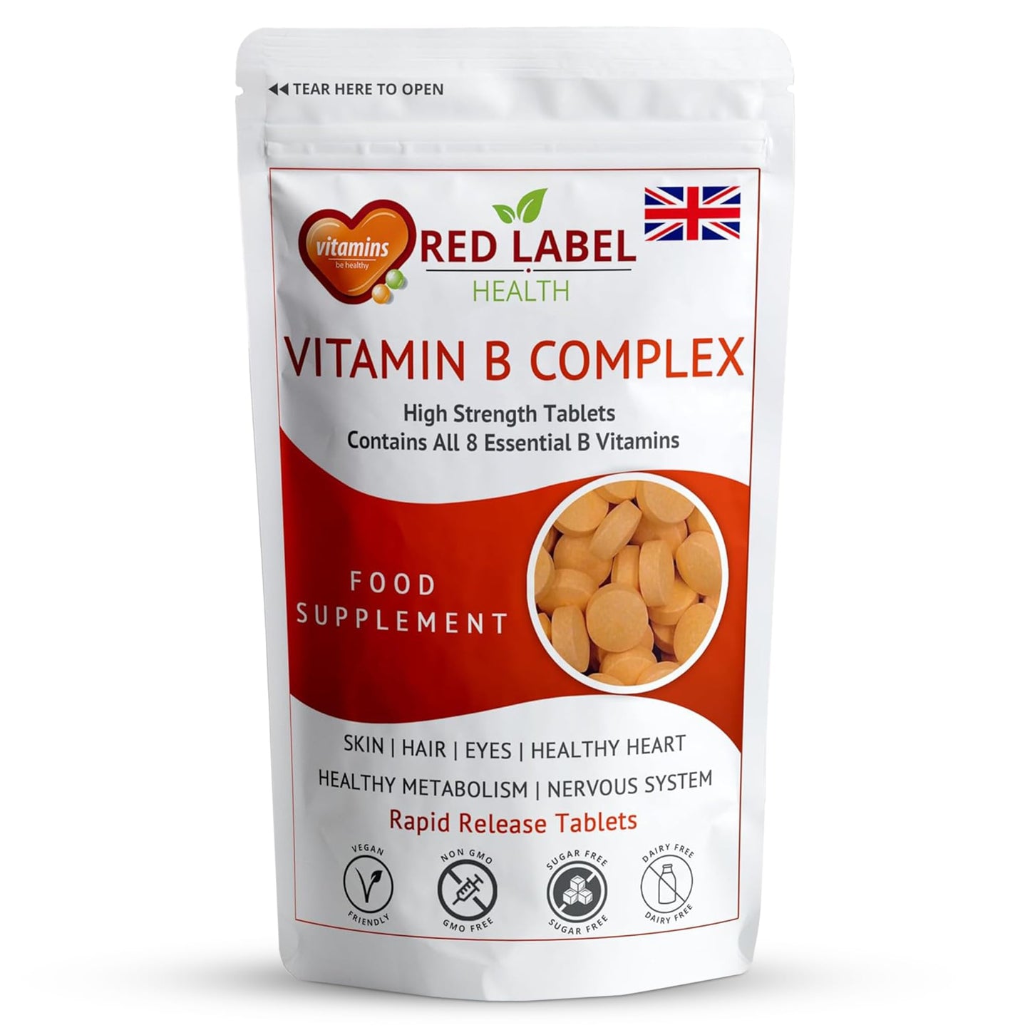 Red Label Health Vitamin B Complex High Strength, 60 Tablets (2 Months Supply) All 8 Vitamins B in 1 Tablet, Vitamins B1, B2, B3, B5, B6, B12, Biotin & Folic Vitamin B for Men & Women Vegan Made in The UK