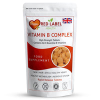 Red Label Health Vitamin B Complex High Strength, 60 Tablets (2 Months Supply) All 8 Vitamins B in 1 Tablet, Vitamins B1, B2, B3, B5, B6, B12, Biotin & Folic Vitamin B for Men & Women Vegan Made in The UK