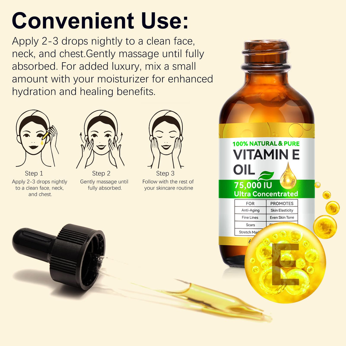 NBXINSLF Natural Vitamin E Oil for Skin, 75,000 IU Ultra Concentrated Vitamin E Oil for Face, Hair and Scars, Moisturizing Dry Skin Oils, Promotes Skin Elasticity, 2Fl Oz