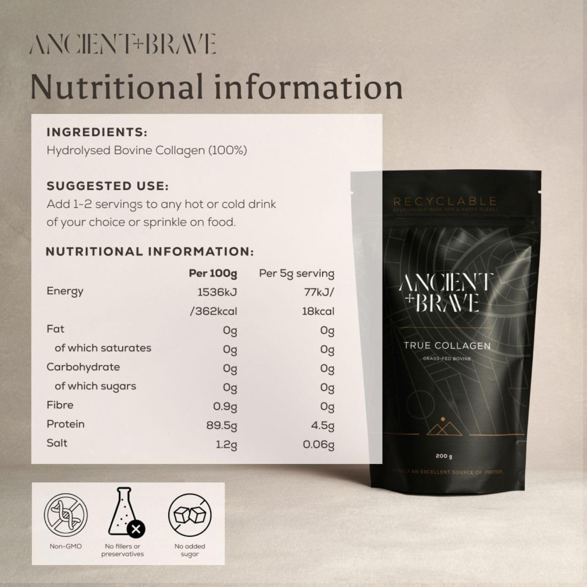 Ancient + Brave True Collagen 200g - Bovine Collagen Powder - 100% Hydrolysed Collagen Peptides (Type I) - High Protein, Fasting & Keto Friendly - Neutral Tasting - 30 Day Supply