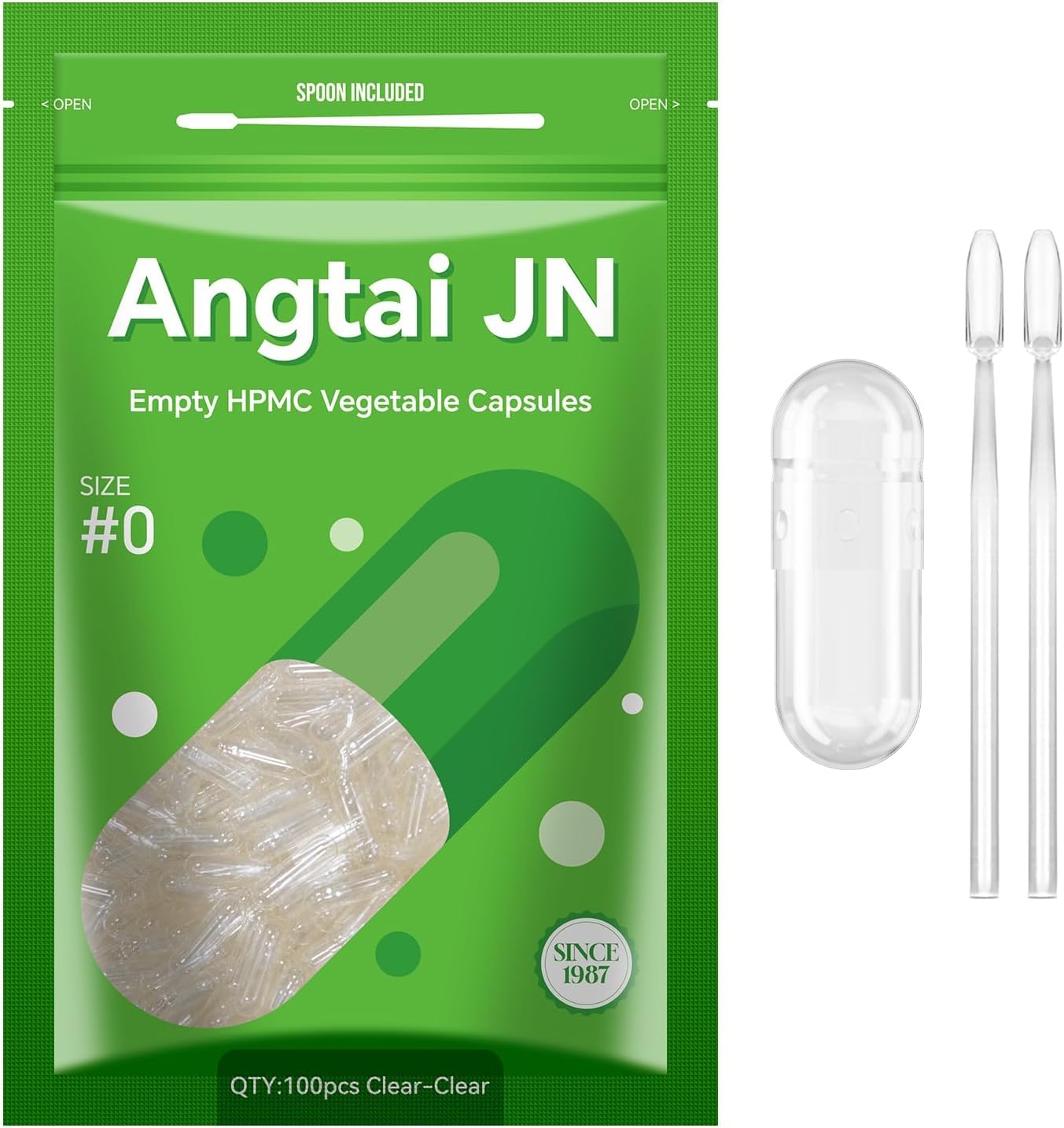 Angtai JN Empty Capsules, AngtaiJN 100 Count Clear Vegetarian Capsules, Size 0 DIY Pill Capsules Filling Empty Caps with Micro Lab Spoon, Kosher, ISO9001, Gluten Free, Halal Certified, Non-GMO Certified