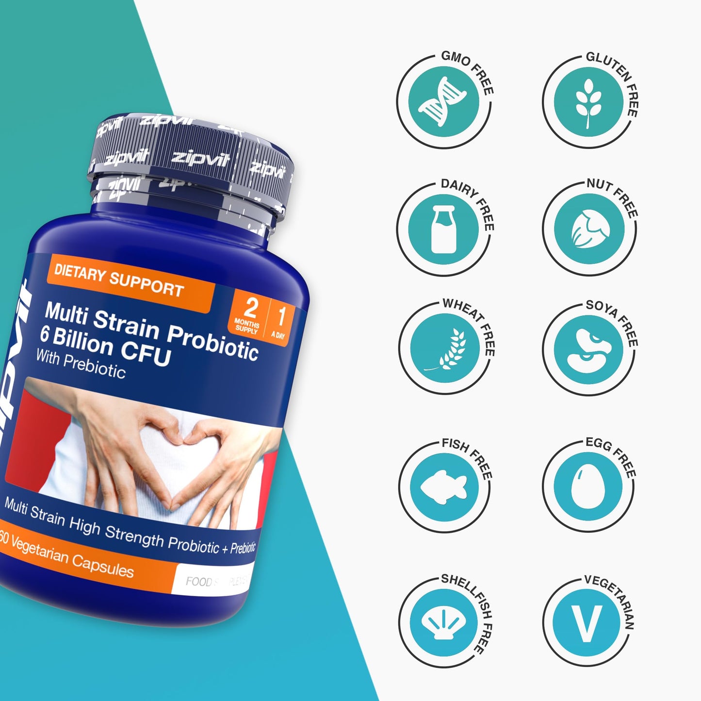 Zipvit Probiotics 6 Billion CFU with Prebiotic, Includes Lactobacillus & Bifidobacterium, Multi Strain Probiotic, 60 Vegetarian Capsules, 2 Months Supply