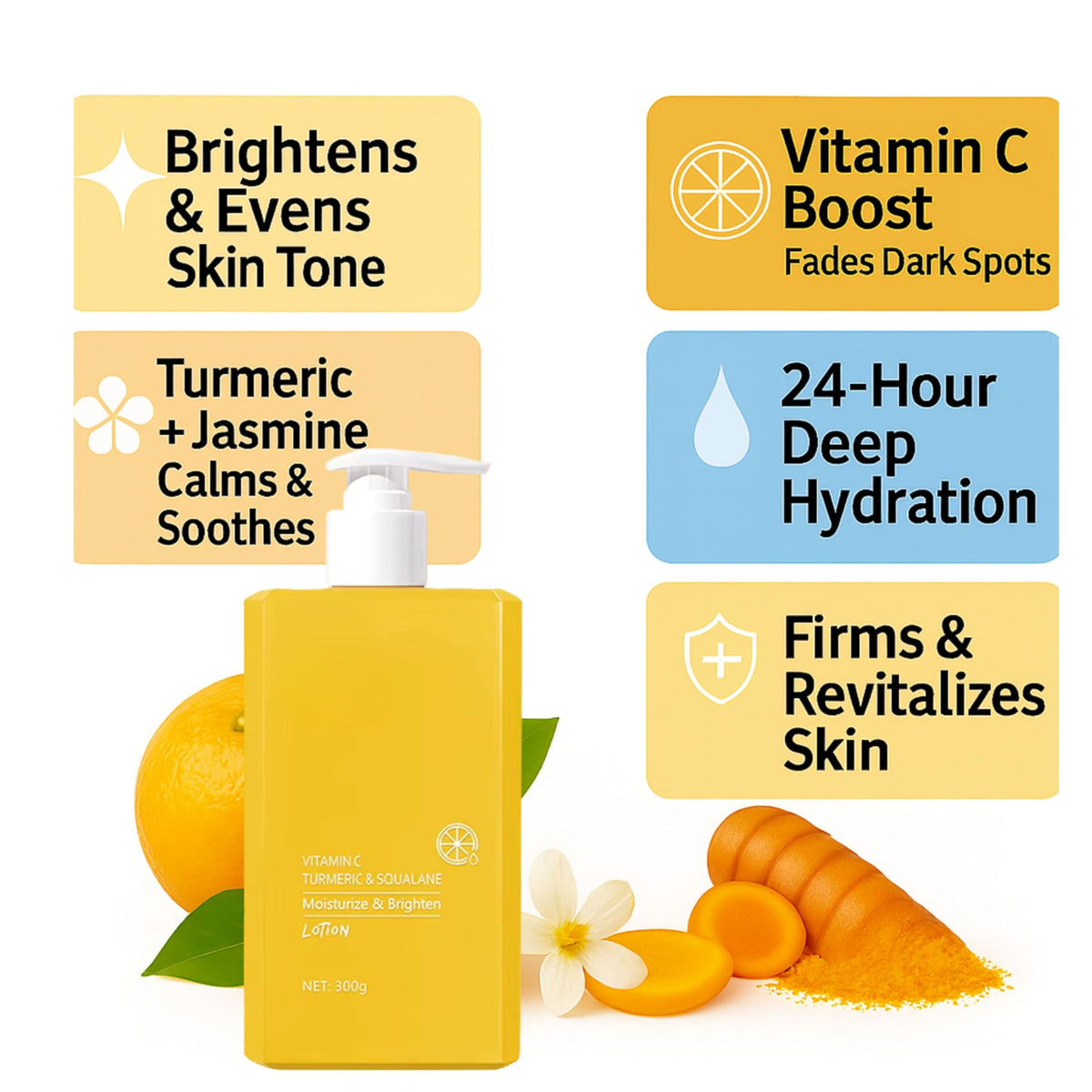 Prosperina MED Vitamin C & Turmeric Brightening Cream – Face & Body Lotion Hydrating Moisturiser with Squalane – Fades Dark Spots, Uneven Tone & Dry Skin – Firming Anti-Aging, Vegan & Dermatologist-Tested 300ml