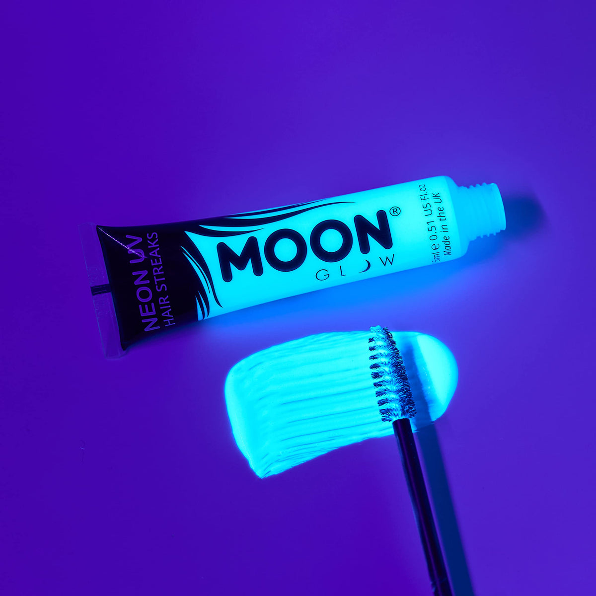 Moon Glow Neon UV Hair Colour Streaks | White | Hair Mascara - Temporary Wash out Hair Dye | Bright Neon Colour, Glows under UV Lighting