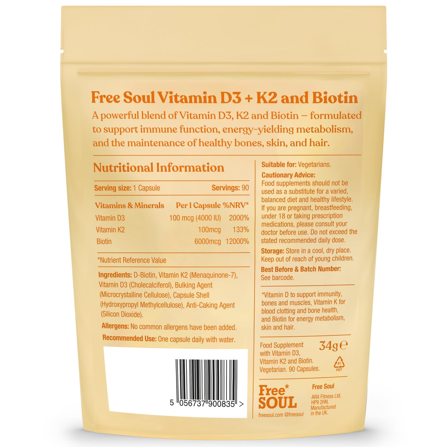 Vitamin D3 + K2 and Biotin, 3 in 1 Complex | High Strength D3 4000IU, K2 MK-7 & Biotin 6000mcg | Immunity, Heart, Hair, Skin, Nails, Support | UK Made | Lab-Tested | 90 Capsules | Free Soul