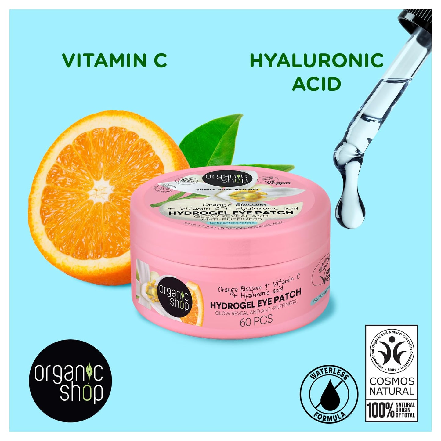 Organic Shop Hyaluronic Acid & Vitamin C Hydrogel Eye Patches for Dark Circles, Anti Puffiness, Deep Hydration, Fight Wrinkles & Fine Lines, Dark Spots, Texture Repair 100% Vegan & Organic. 60 Pcs