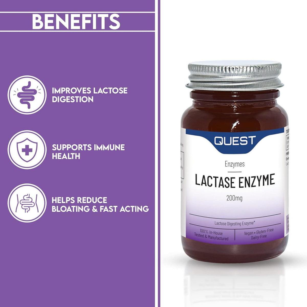 Quest Lactase Enzyme 200mg Lactose Intolerance Relief. 2000 ALU Fast Relief Dairy Enzymes Digestive Supplement to Prevent Gas, Bloating & Diarrhoea. Dairy Free, Gluten Free & Vegan (30 Tablets)