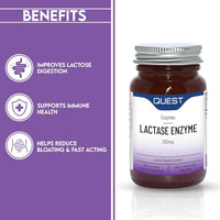 Quest Lactase Enzyme 200mg Lactose Intolerance Relief. 2000 ALU Fast Relief Dairy Enzymes Digestive Supplement to Prevent Gas, Bloating & Diarrhoea. Dairy Free, Gluten Free & Vegan (30 Tablets)