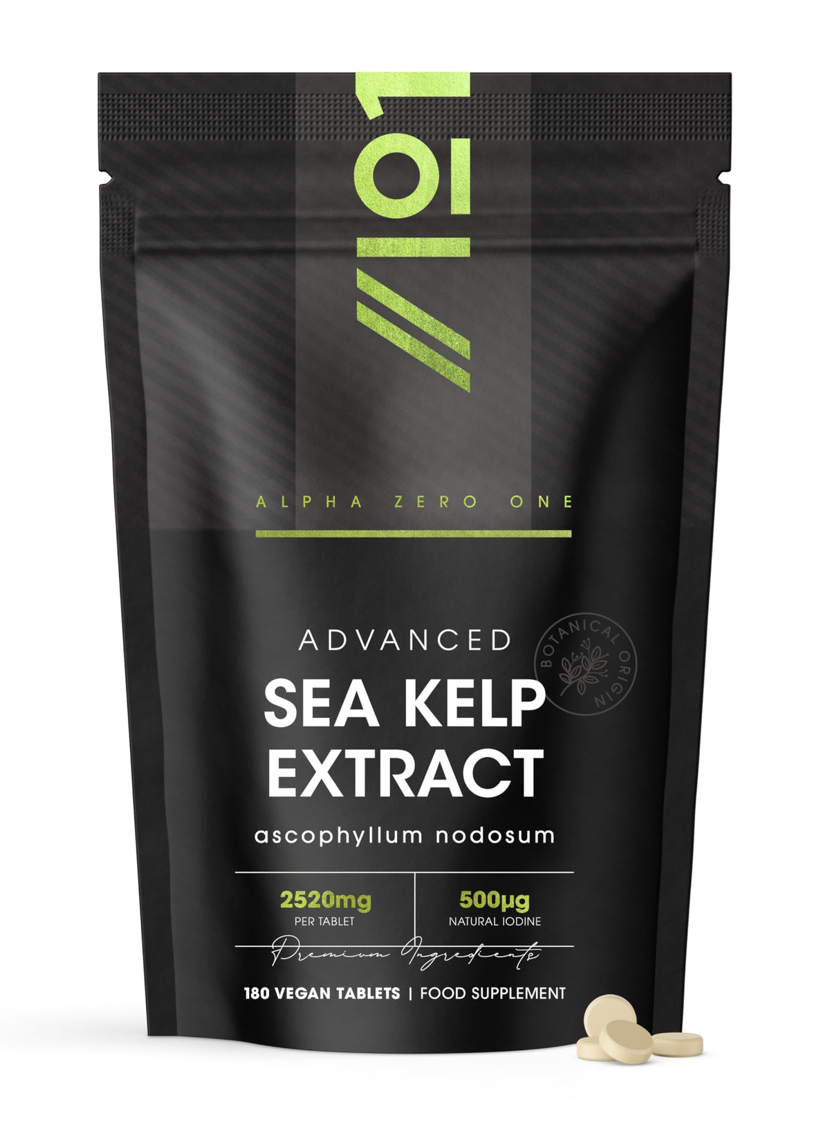 ALPHA01 Sea Kelp Extract 2520mg Tablets - 500μg Natural Iodine - 180 Vegan Tablets (6 Months Supply) - High Strength 30:1 Ascophyllum Nodosum Extract - Resealable and Recyclable Pouch by Alpha01