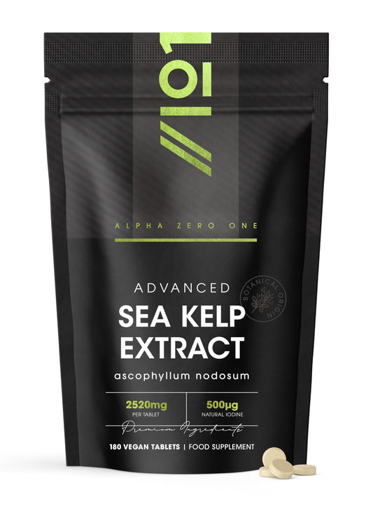 ALPHA01 Sea Kelp Extract 2520mg Tablets - 500μg Natural Iodine - 180 Vegan Tablets (6 Months Supply) - High Strength 30:1 Ascophyllum Nodosum Extract - Resealable and Recyclable Pouch by Alpha01