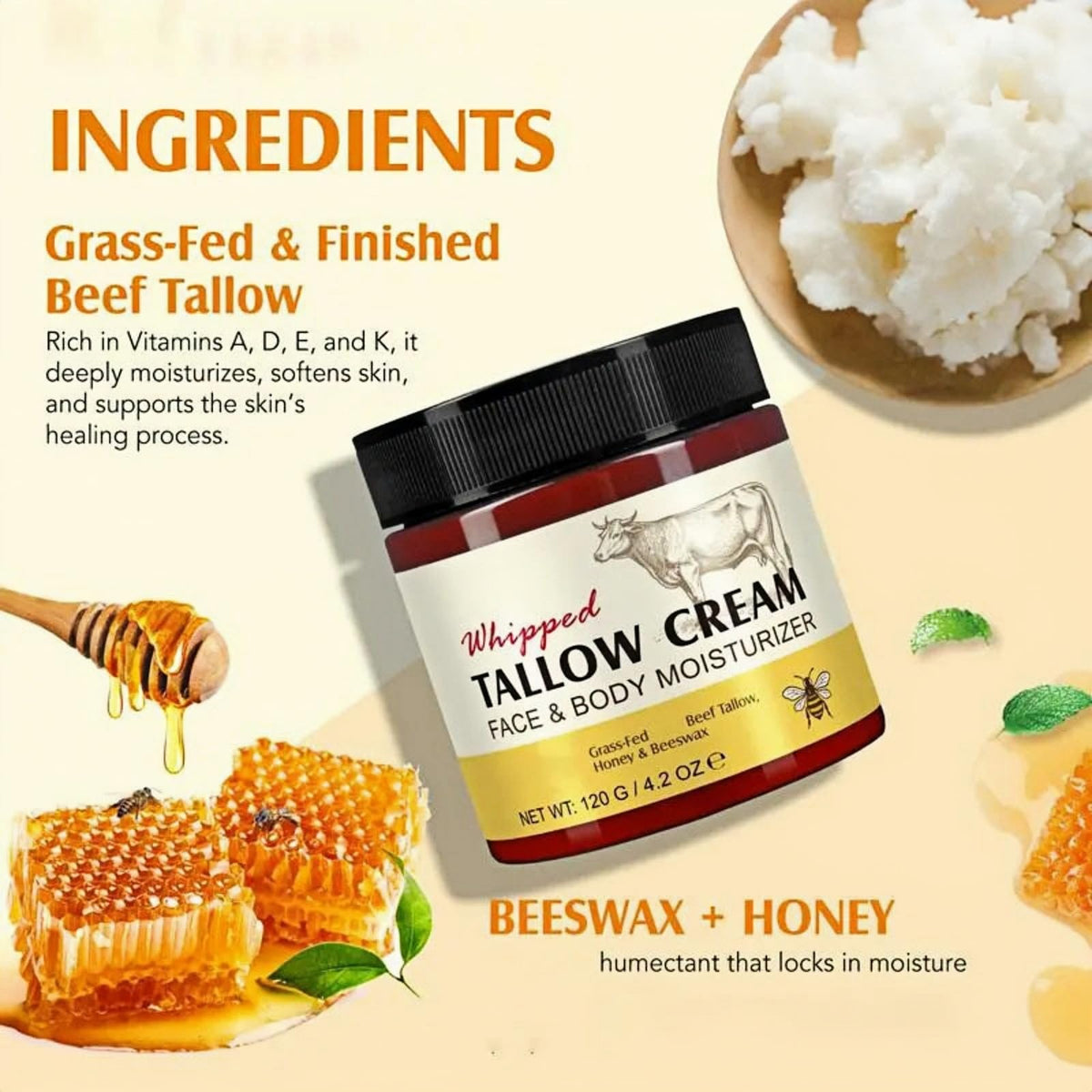 SEMECOMER Whipped Beef Tallow Skin Care Cream, Beef Tallow Moisturiser, Nourishing Tallows And Honey Balm for Face & Body, Deeply Hydrating, Natural Moisturizer for Dry Skin, Fast-Absorbing, No Greasy