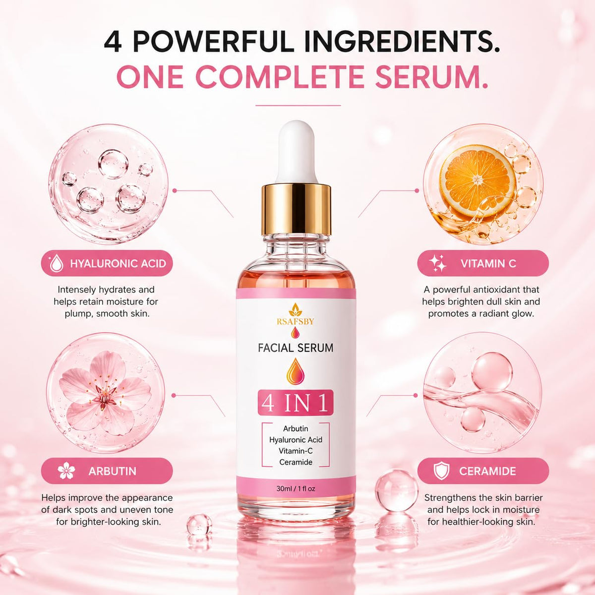 RSAFSBY Arbutin Face Serum with Hyaluronic Acid, Vitamin C & Ceramide – Brightening & Hydrating Anti-Aging Serum for Dark Spots, Hyperpigmentation, Acne Scars & Uneven Skin Tone – 30ml