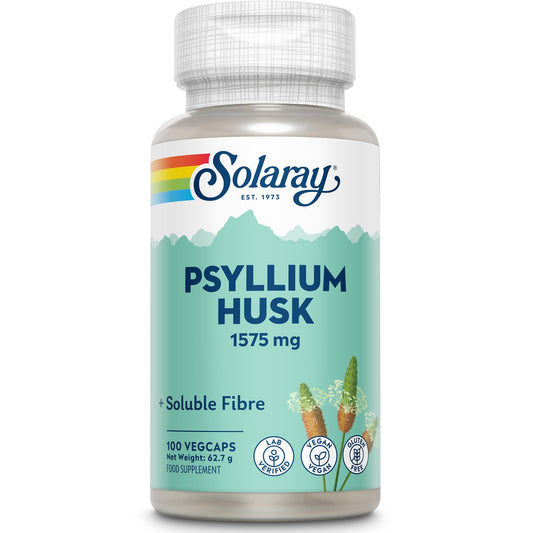 SOLARAY Psyllium Husk - 100 Vegan Capsules not Powder - Fibre Supplement - Natural Soluble Fiber from Plantago Ovata - High Strength Physillan Husk - Lab Verified - Solaray