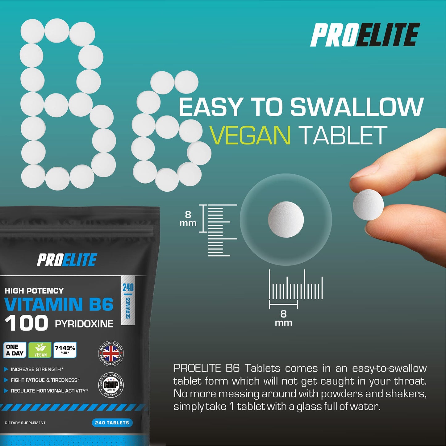 Vitamin B6 100mg - 120 Vegan Tablets 7000% Nrv Dose High Strength � B6 Vitamins Contributes to Healthy Metabolism, Reduction of Tiredness, Normal Immune & Nervous System Function � PROELITE