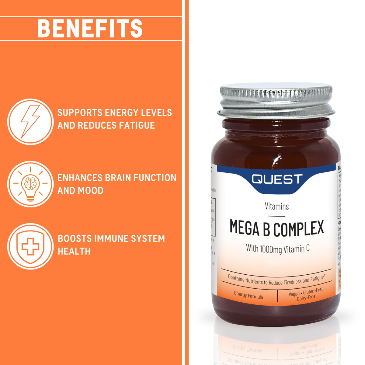 Quest - 60x Mega Vitamin B Complex Tablets. High Strength Vitamin B1-B2-B3-B6-B12, Biotin & C Supports Energy Production, Stress Response, Immune System & Brain Function (1 Pack)