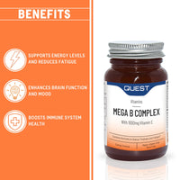 Quest - 60x Mega Vitamin B Complex Tablets. High Strength Vitamin B1-B2-B3-B6-B12, Biotin & C Supports Energy Production, Stress Response, Immune System & Brain Function (1 Pack)