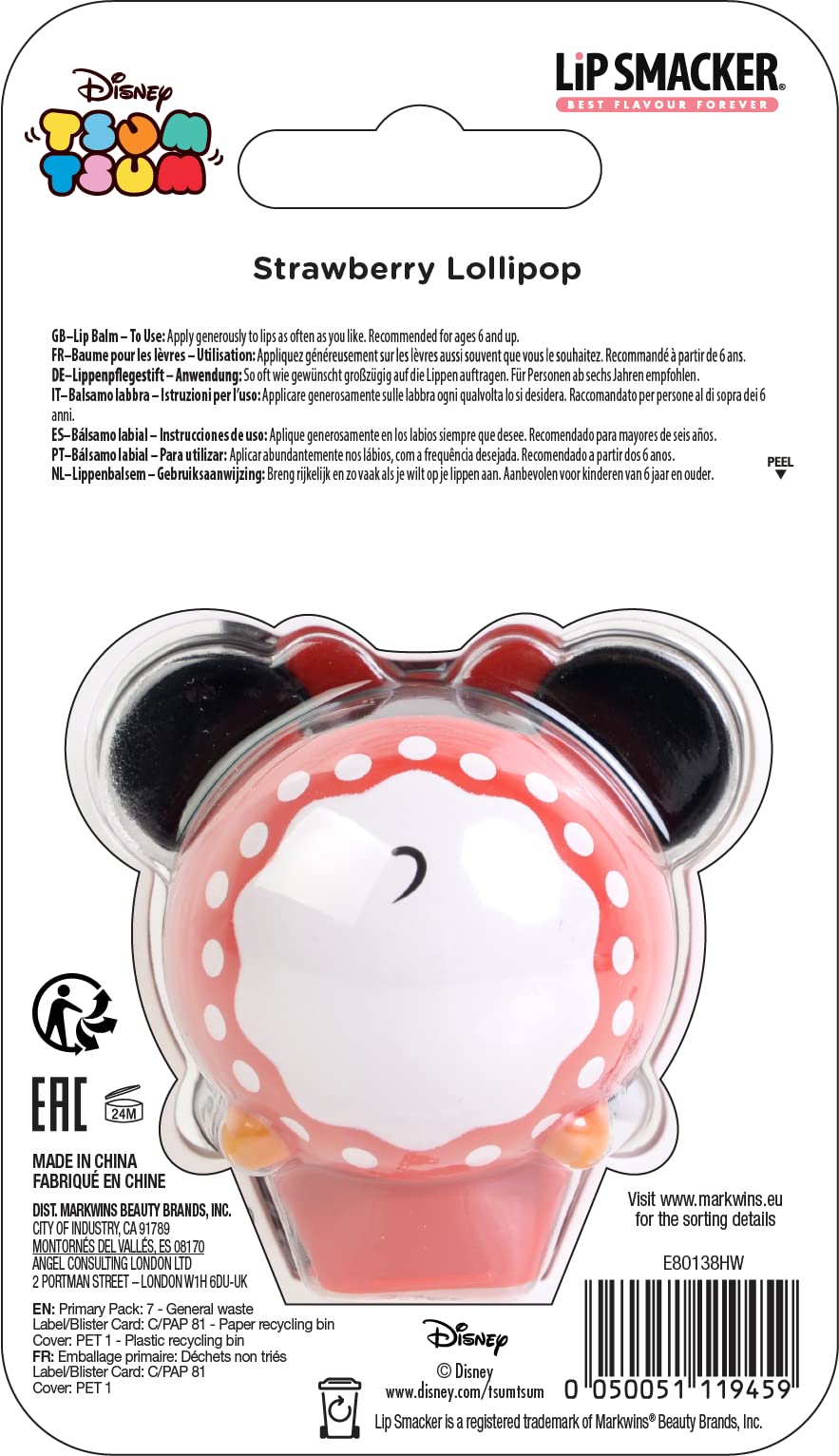 Lip Smacker - Tsum Tsum Collection - Minnie Mouse Lip Balm for Kids - Strawberry Flavour - Sweet Gift for Your Friends - Single Pack