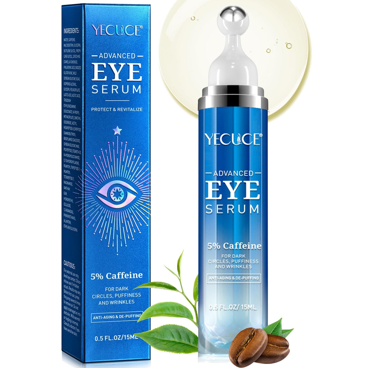 5% Caffeine Eye Cream Anti Aging - Eye Serum for Dark Circles and Puffiness, with Retinol Hyaluronic Acid Niacinamide, Under Eye Cream for Eye Bags Treatment with 360° Eye Roller Ball for Women & Men