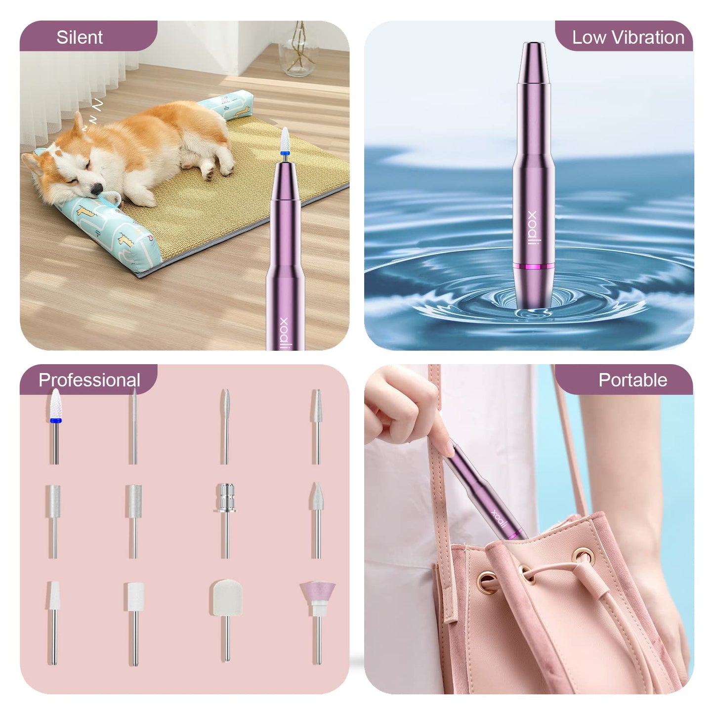 Xoali Electric Nail Files 25000RPM, Professional Nail Drill 12 in 1, Speed-Adjustable Efile Kit with Ceramic Bit for Nail Drill, Manicure and Pedicure Tools for Nail Art DIY, Home or Salon Use (Pink)