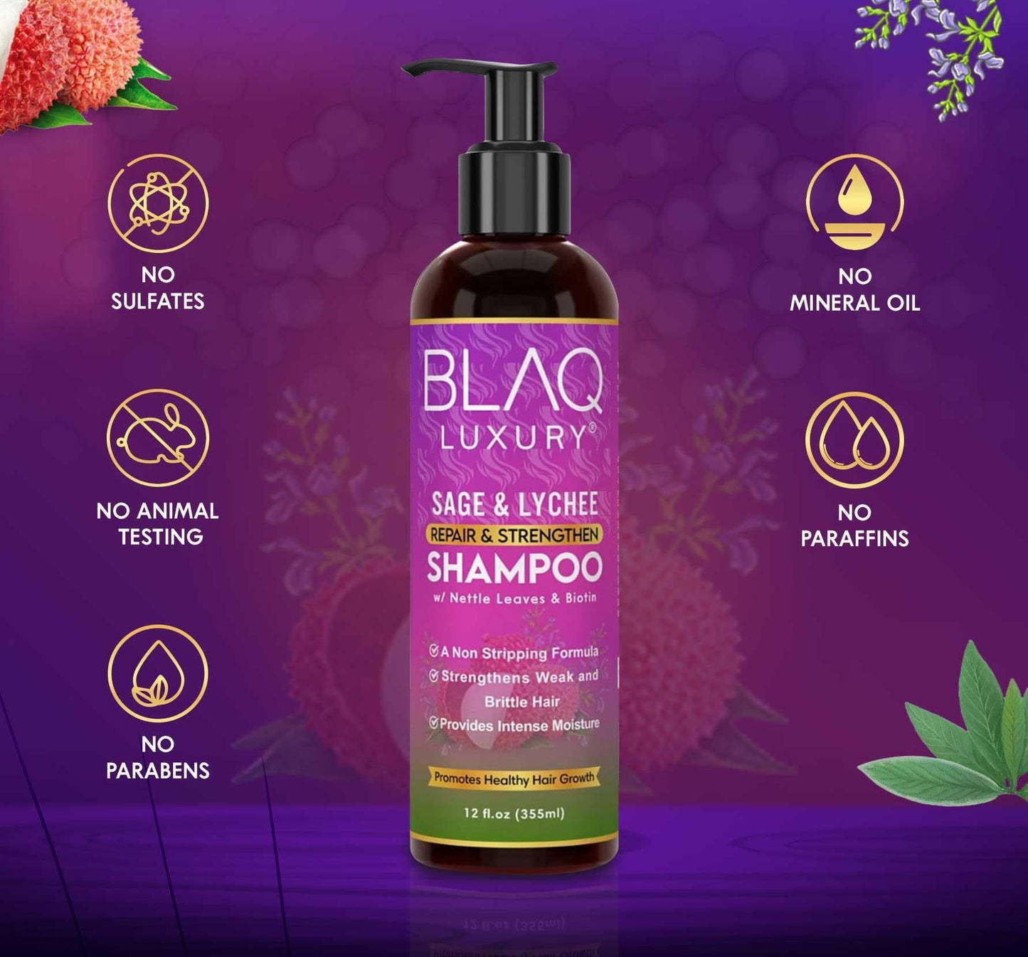 Blaq Luxury Sage & Lychee Repair and Strengthen Shampoo - Revitalizes Your Hair with infused Biotin and Nettle - Sulfate-Free Formula for All Hair Typ...
