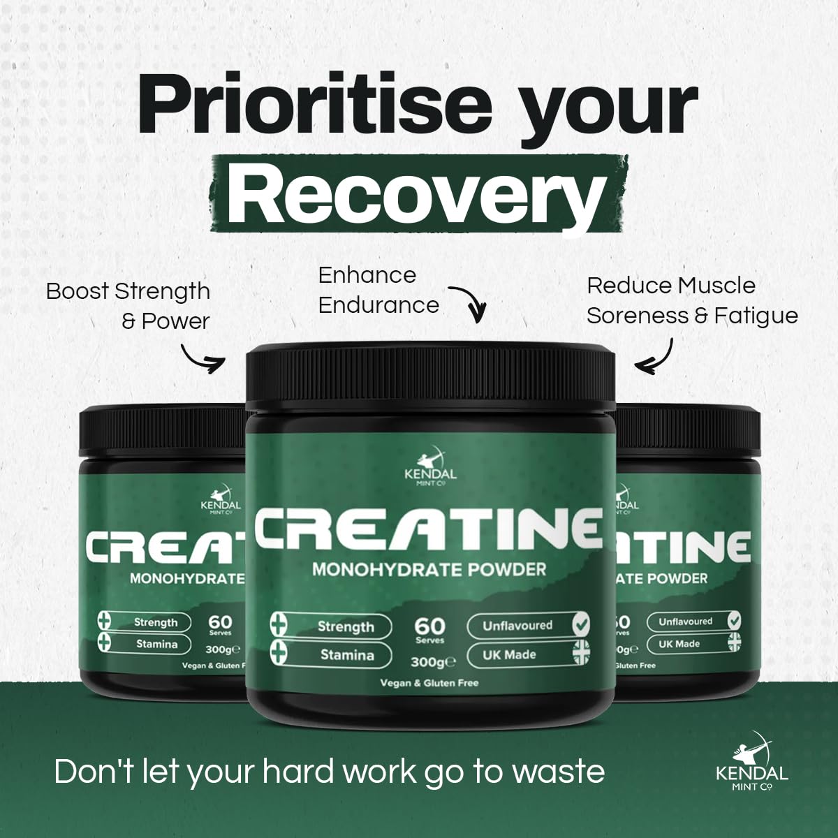 Kendal Mint Co. KMC Creatine Monohydrate Powder, 100% Pure UK Made, 300g, 60 Servings, 5g serving, Unflavoured, Easy Mix, Vegan Gluten Free -Supplement for performance, strength workouts & cognition by Kendal Mint Co