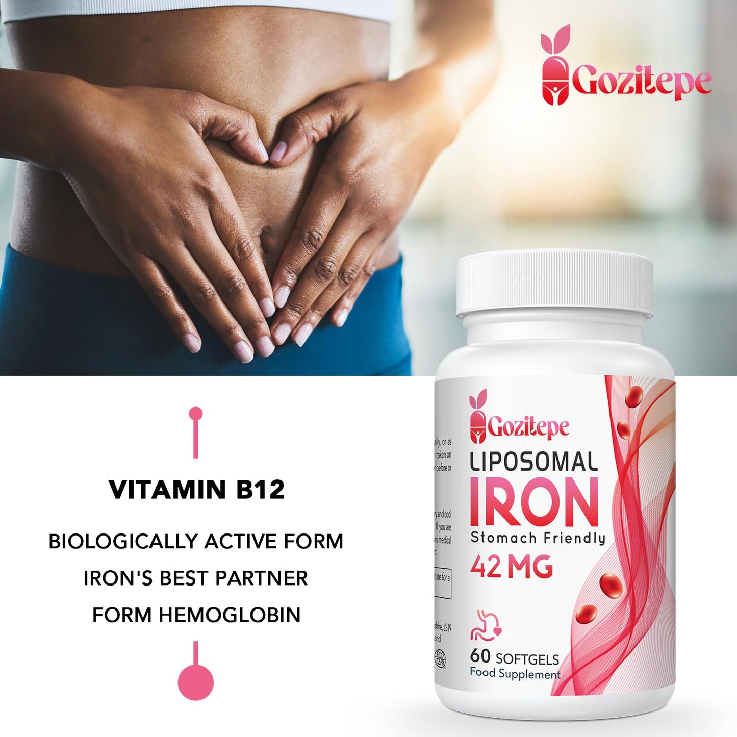 Liposomal Iron Supplement (as Ferrous Sulfate) with Folic Acid 400mcg and Vitamin B12 10mcg, Increase Iron Levels for Adults, Superior Absorbed and Stomach Friendly (60 Count (Pack of 2))