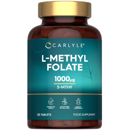 Methyl Folate 1000ug | 120 Vegan Tablets (4 Months Supply) | L-Methylfolate as a Active Form of Folic Acid 5-MTHF (Vitamin B9) | No Artificial Preservatives | By Carlyle