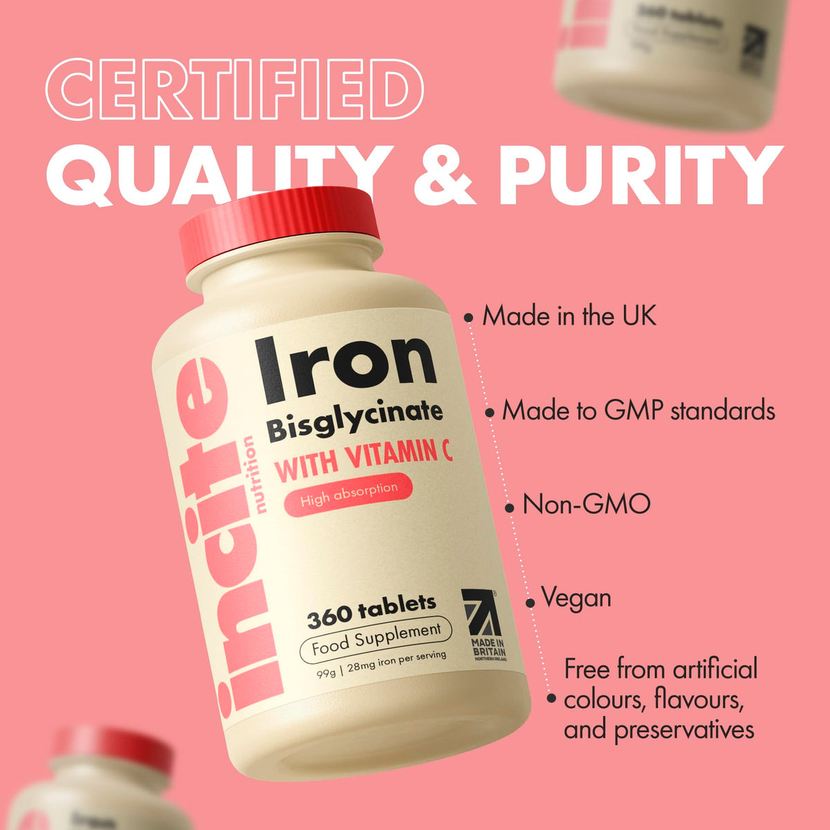 Incite Nutrition Gentle Iron Tablets - Iron Bisglycinate 28 mg, 6 Month’s Supply - 360 High Strength Tablets - Supplement Suitable for Vegans - Best Immune System Booster for Women & Men - Made in UK
