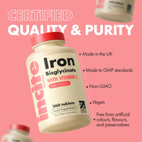 Incite Nutrition Gentle Iron Tablets - Iron Bisglycinate 28 mg, 6 Month’s Supply - 360 High Strength Tablets - Supplement Suitable for Vegans - Best Immune System Booster for Women & Men - Made in UK