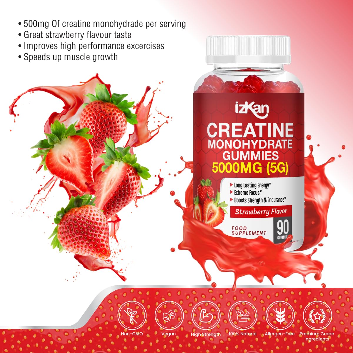 Izkan Creatine Gummies 5000mg (5G) for Men & Women - 90 Chewable Creatine Monohydrate Gummies Strawberry Flavoured | Pre Workout Gym Supplement| Muscle Boost| 3 Per Day - Vegan & Halal (1X)