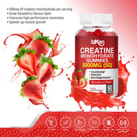 Izkan Creatine Gummies 5000mg (5G) for Men & Women - 90 Chewable Creatine Monohydrate Gummies Strawberry Flavoured | Pre Workout Gym Supplement| Muscle Boost| 3 Per Day - Vegan & Halal (1X)