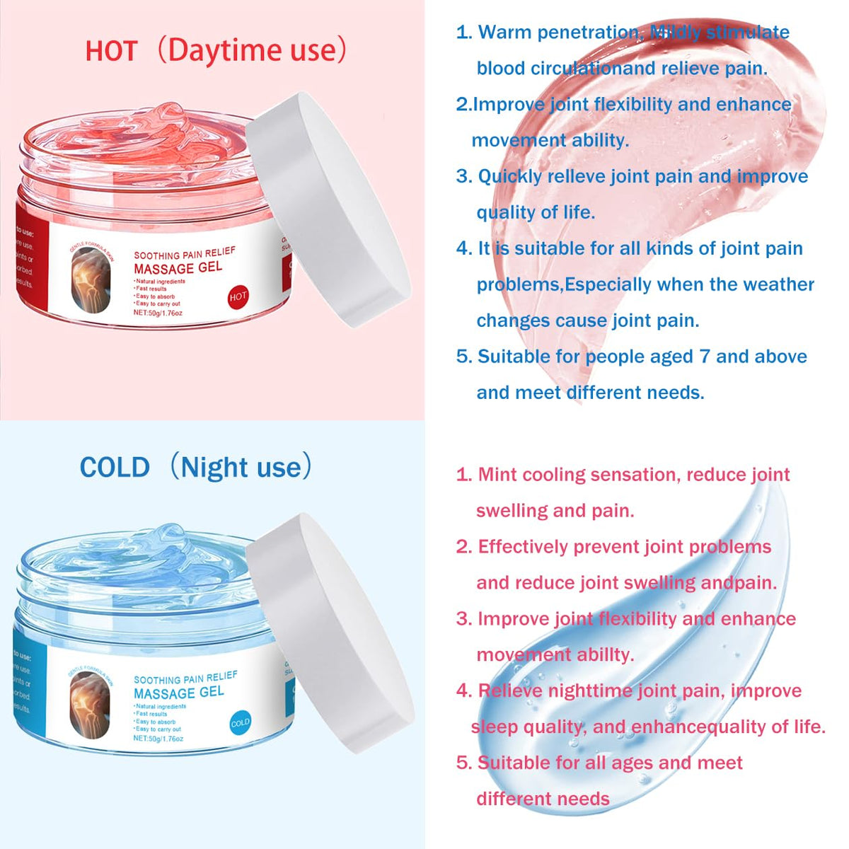 OXGPAL Joint Care Gel for Joint Activities,Soothing Pain Relief Massage Gel,Muscle Recovery Cream,with Deep Penetrating Formula,Long-Lasting Soothing Effect, for Joint Pain Throughout The Body(2PCS/HOT+Cold)
