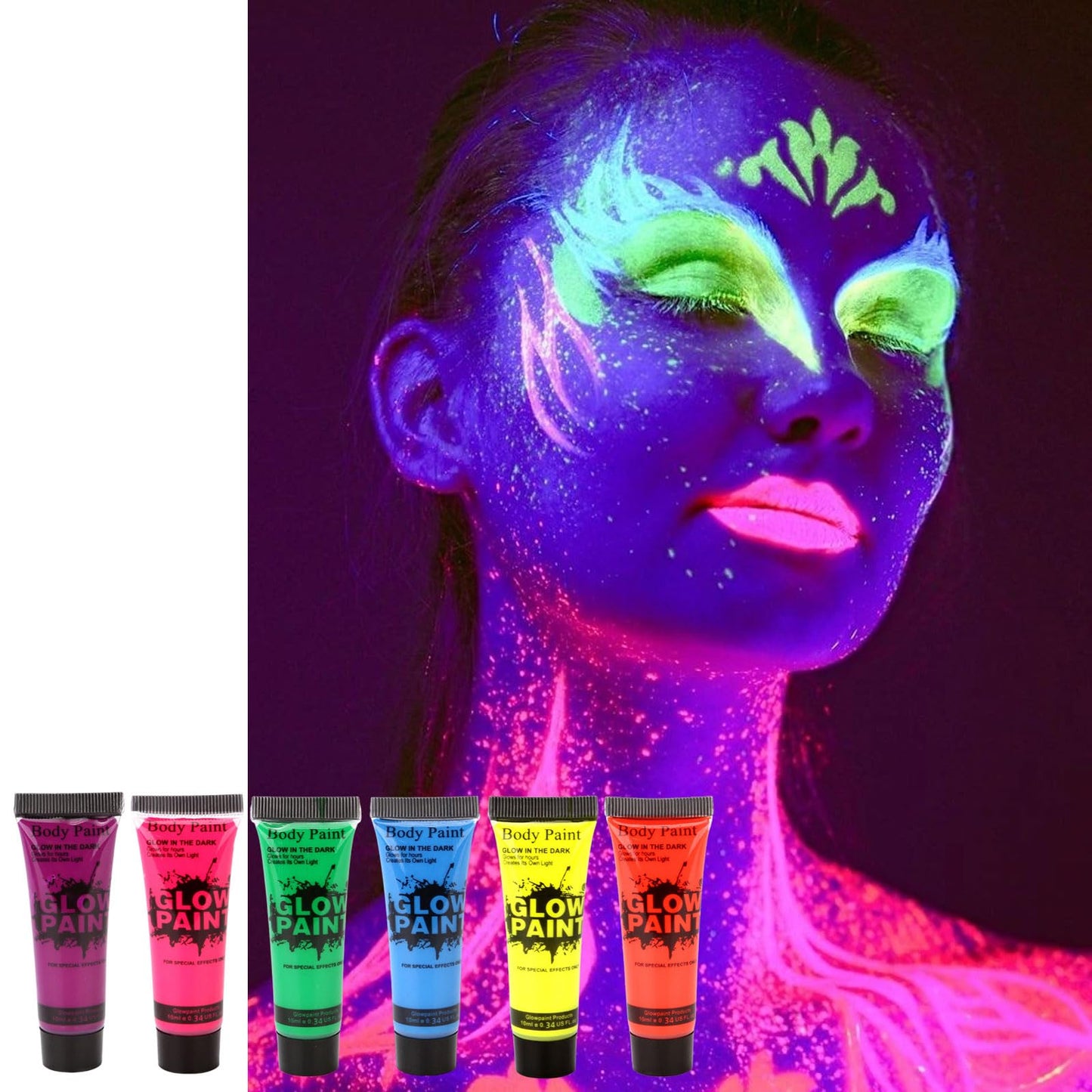 LYNTYAOU 6 Colors UV Neon Face Body Paint, Makeup Set Fluorescent Painting Glow in Dark, Blacklight Safe Non-toxic Quick-Dry Paint for Adults Halloween, Christmas（6 X 10ml）