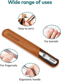 MR.GREEN Men's Professional Metal Nail File with Real Leather Case, Double-Sided Buffing Nail File with Non-Slip Handle for Women, Children, Nails, Foot and Hand