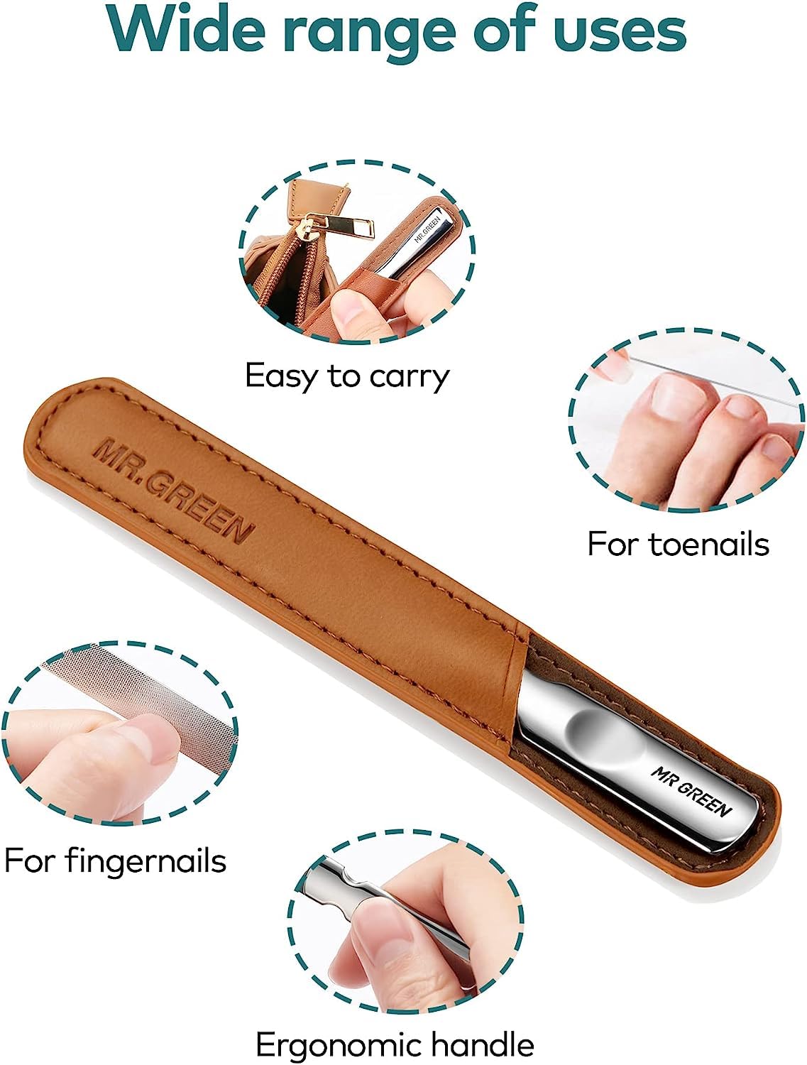 MR.GREEN Men's Professional Metal Nail File with Real Leather Case, Double-Sided Buffing Nail File with Non-Slip Handle for Women, Children, Nails, Foot and Hand
